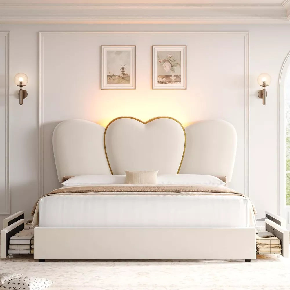 Queen LED Velvet Bed Frame with Storage Drawers and Heart-Shaped Headboard - DSARD