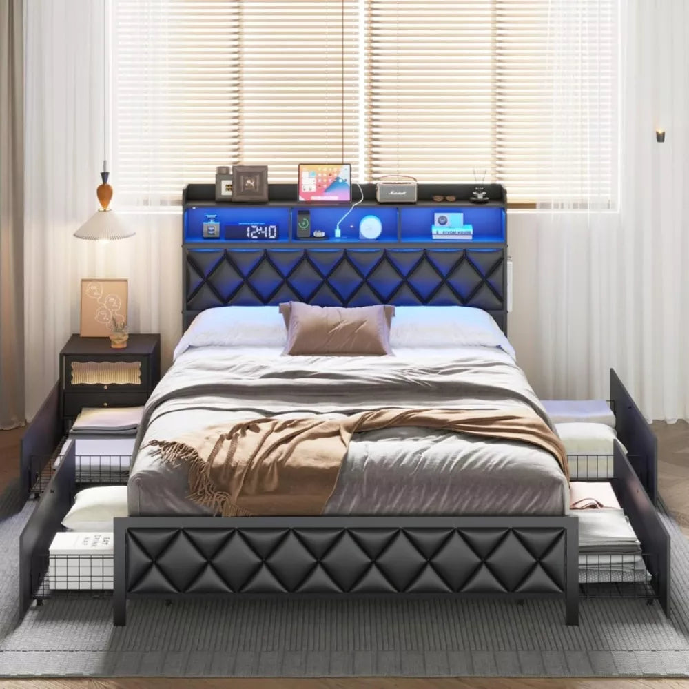 Queen Bed with 4 Drawers, RGB LED, Storage Headboard & Charging