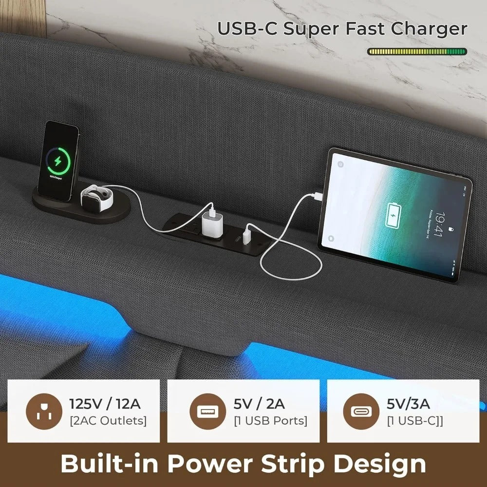 Modern Floating King Bed Frame with RGB LED Lights & Storage Headboard - DSARD