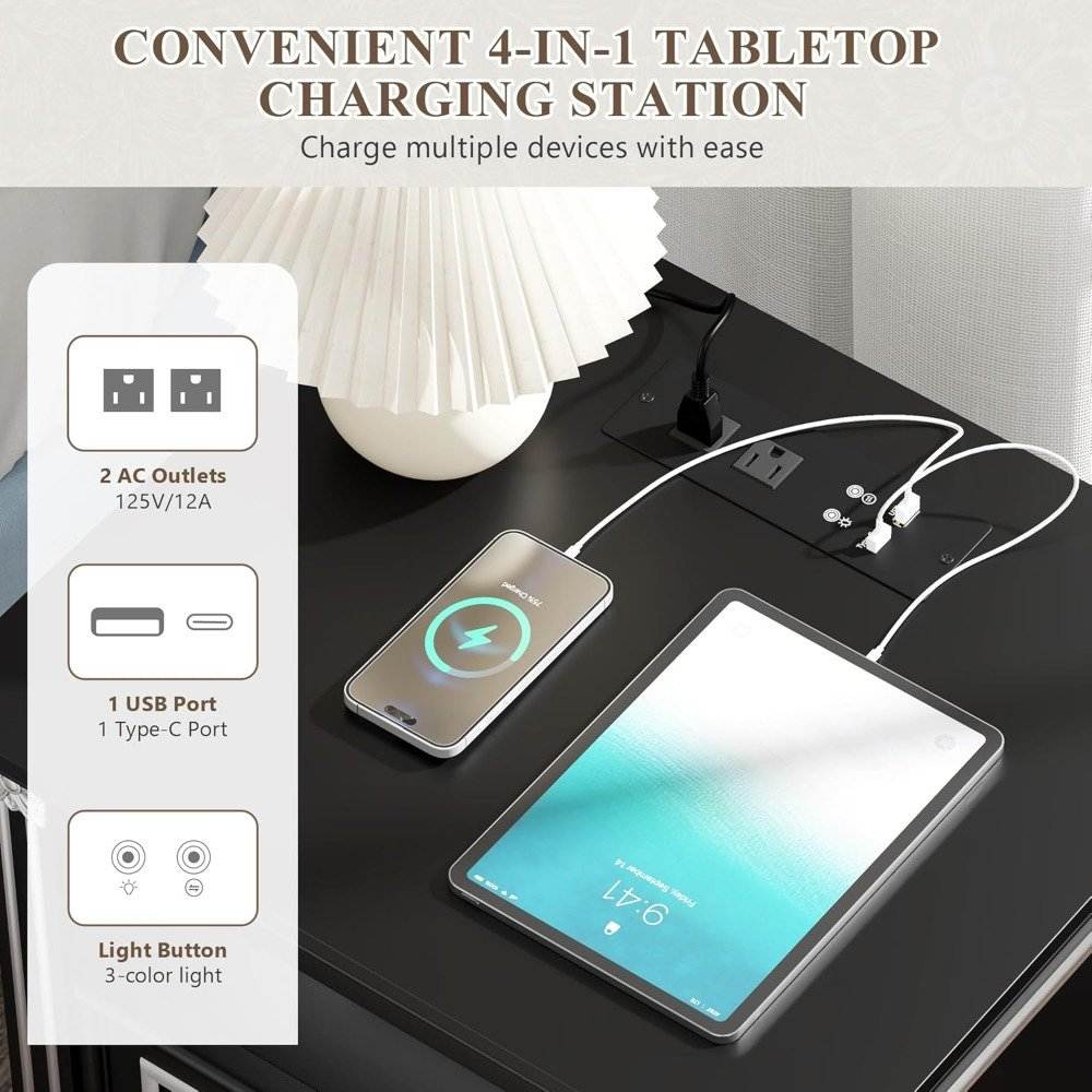Set of 2 Premium Nightstands with LED Lights & Charging Station
