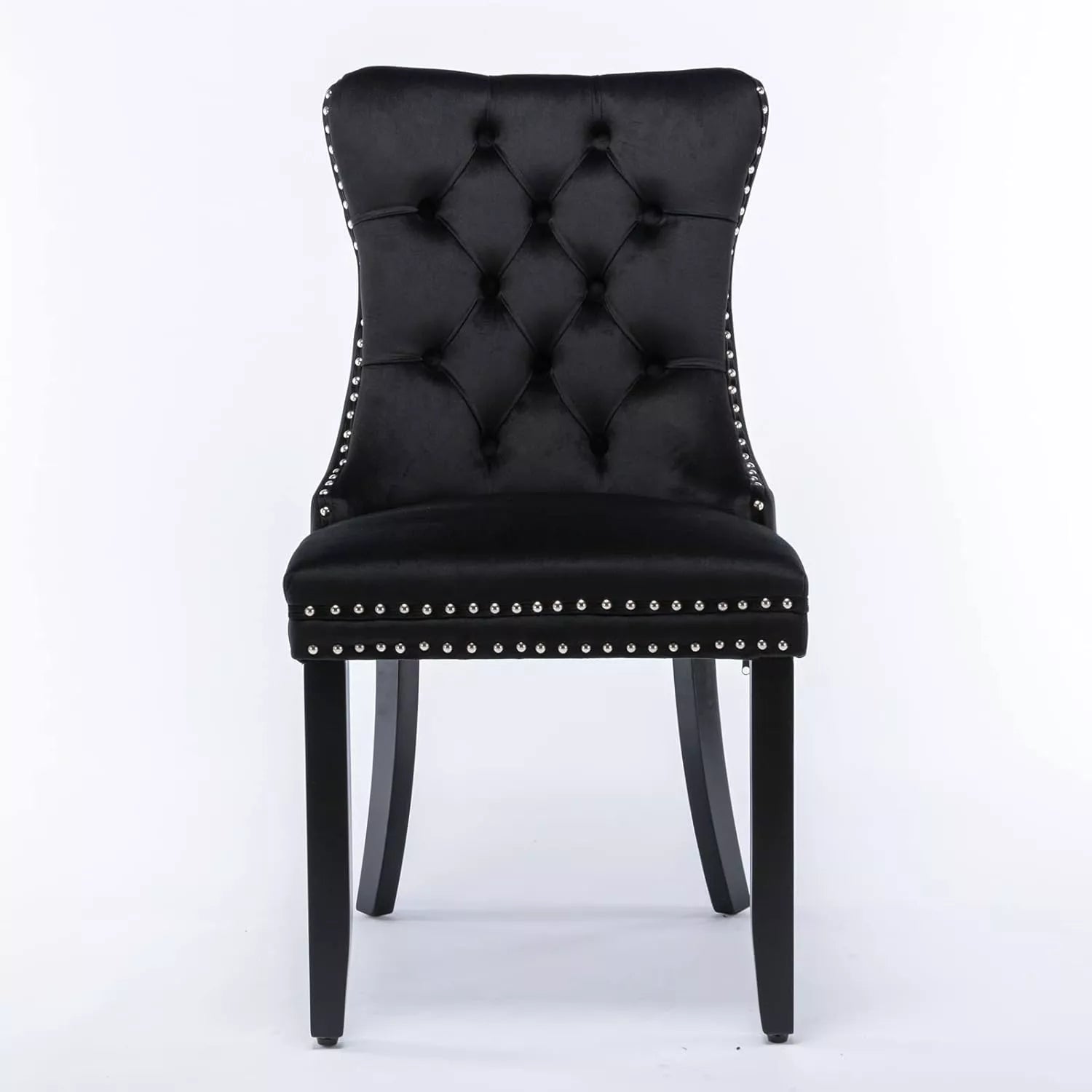 Set of 4 Black Velvet Upholstered Dining Chairs with Ring Pull and Wood Legs - DSARD
