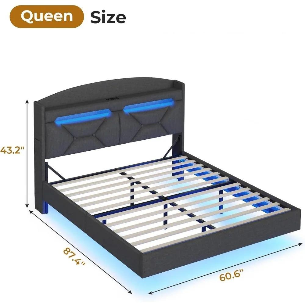 Queen Size Floating Bed Frame with Charging Station and LED Lights, Upholstered Platform - DSARD