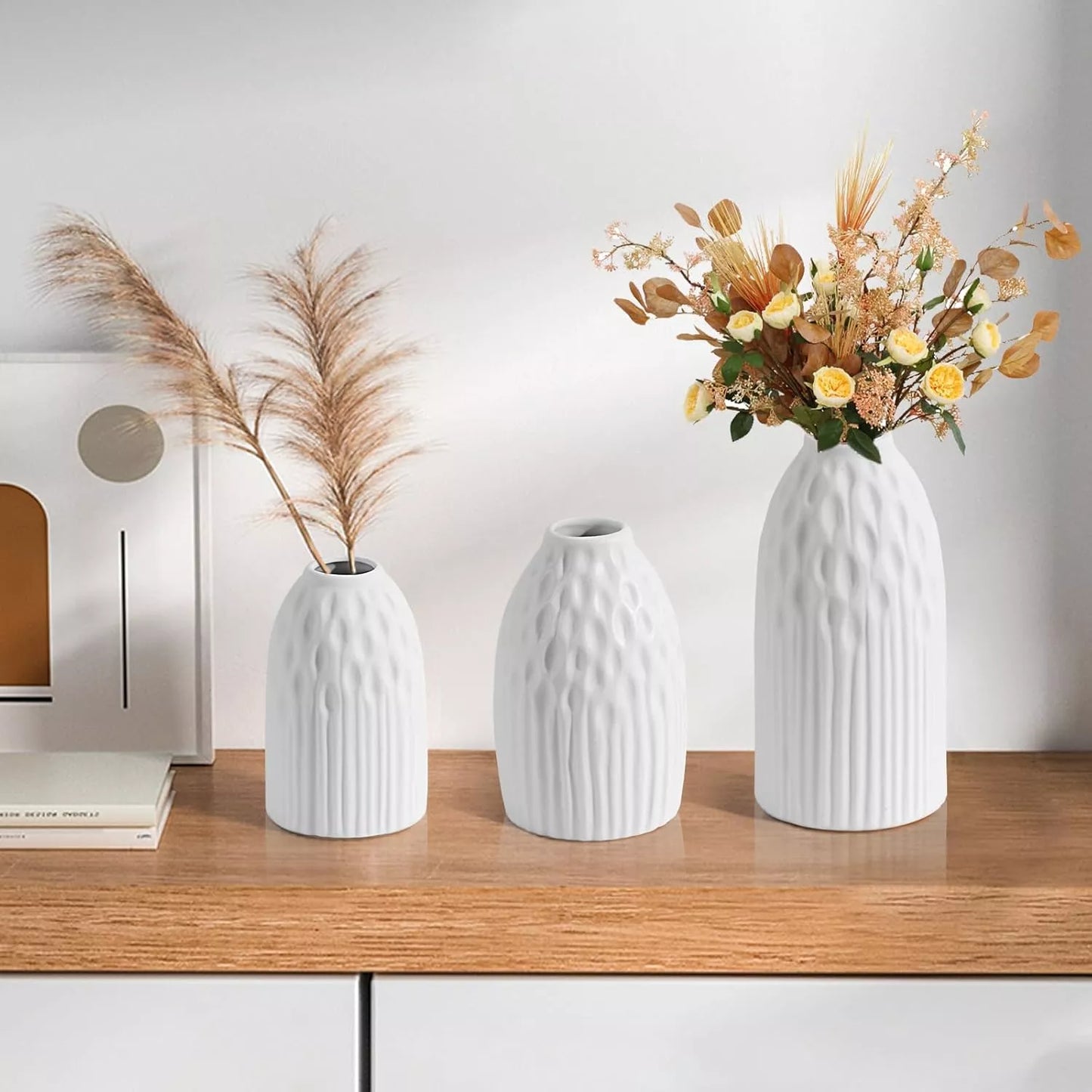Set of 3 White Ceramic Round Vases