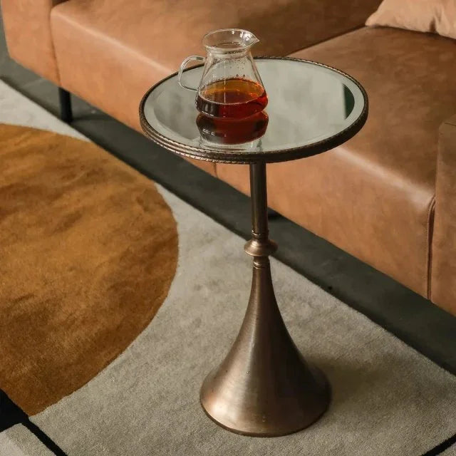 Scandinavian Round Mirror Glass Side Table – Retro Metal Art