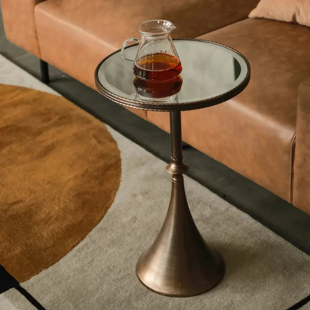 Scandinavian Round Mirror Glass Side Table – Retro Metal Art