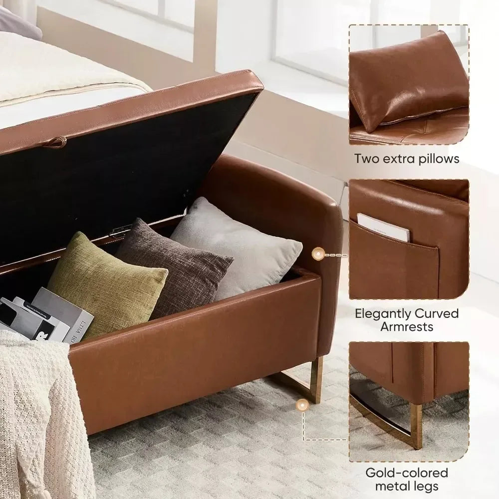 65″ Leather Storage Ottoman Bench with Tufted Upholstery & Gold Legs - DSARD - DSARD