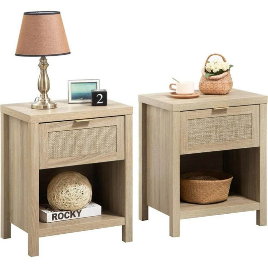 Rattan Premium Nightstands Set of 2 – Farmhouse Boho Bedside Tables with Drawer & Shelf