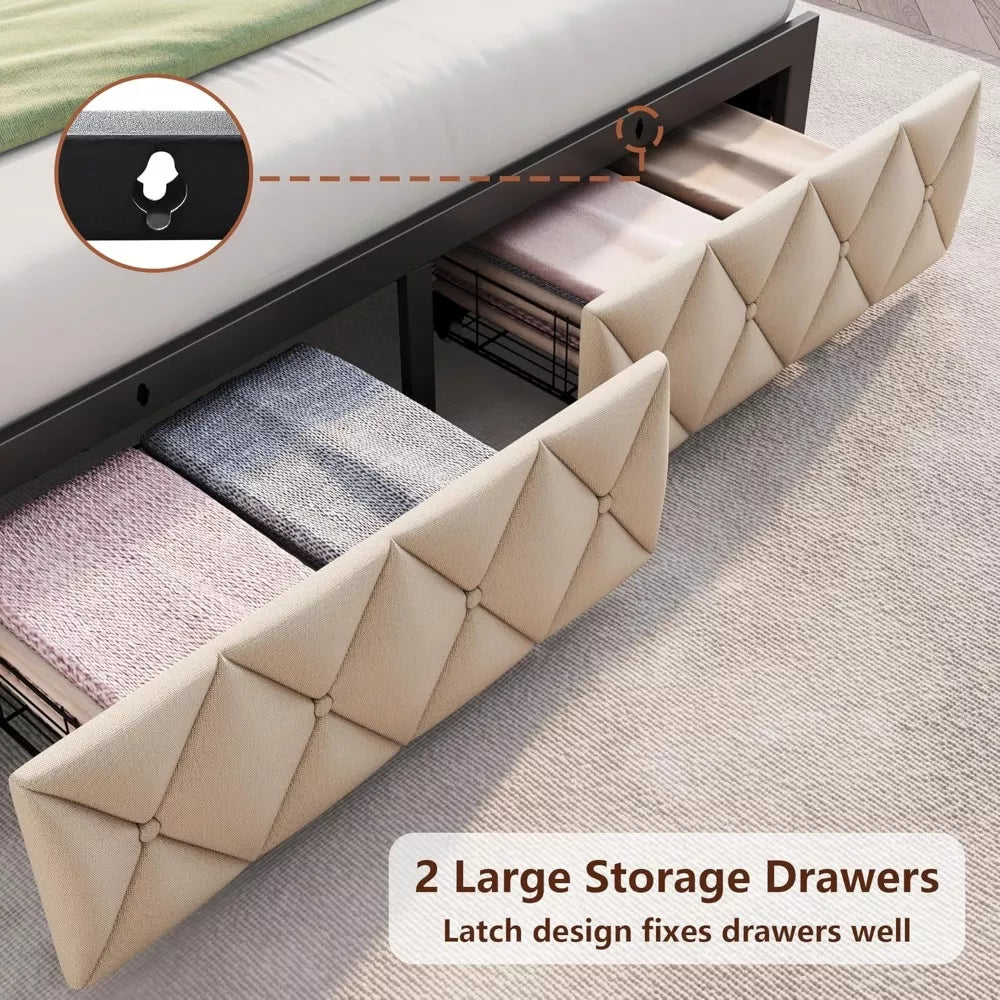 Queen Upholstered Bed with Storage Drawers, LED Headboard & Charging
