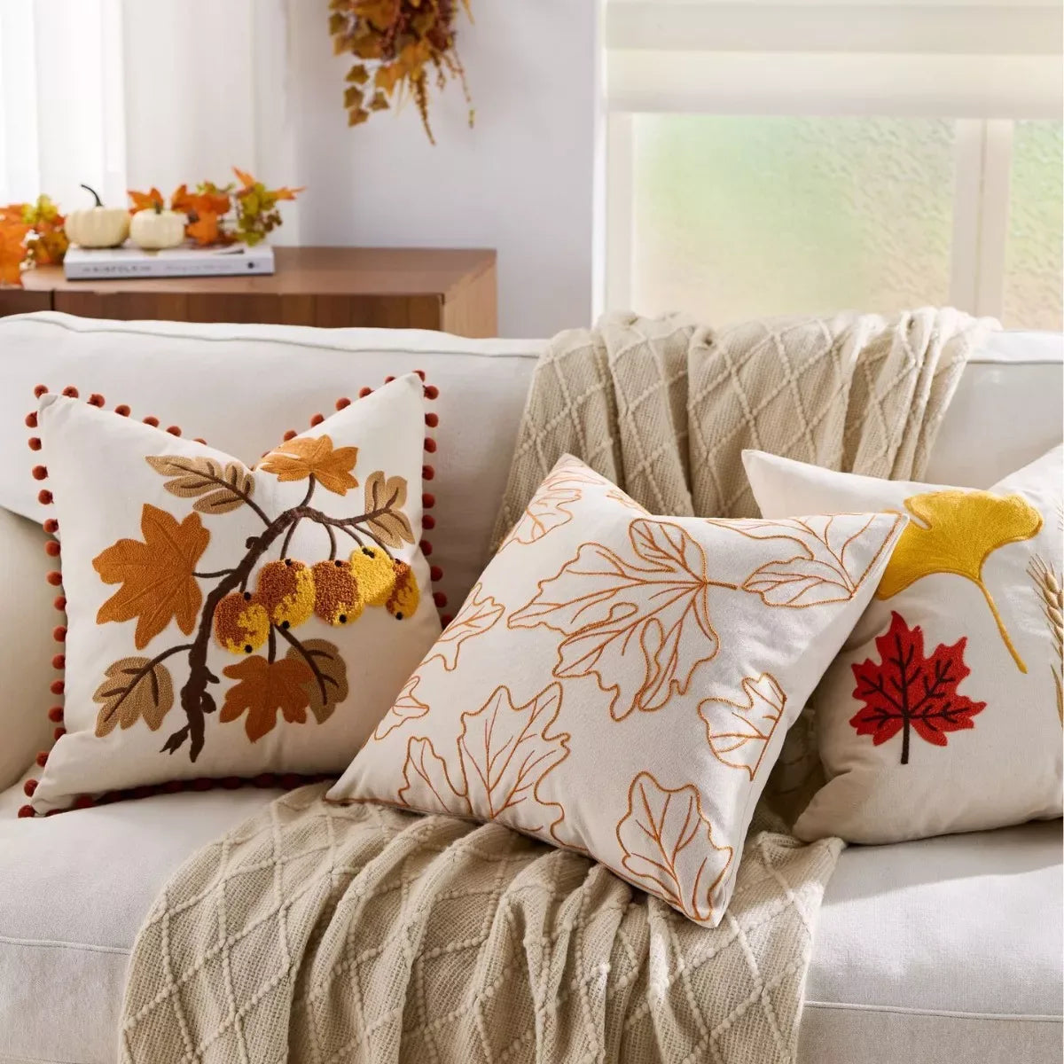 Autumn Harvest Embroidered Pillow Cover 18x18inc – Cozy Fall Home Décor - DSARD