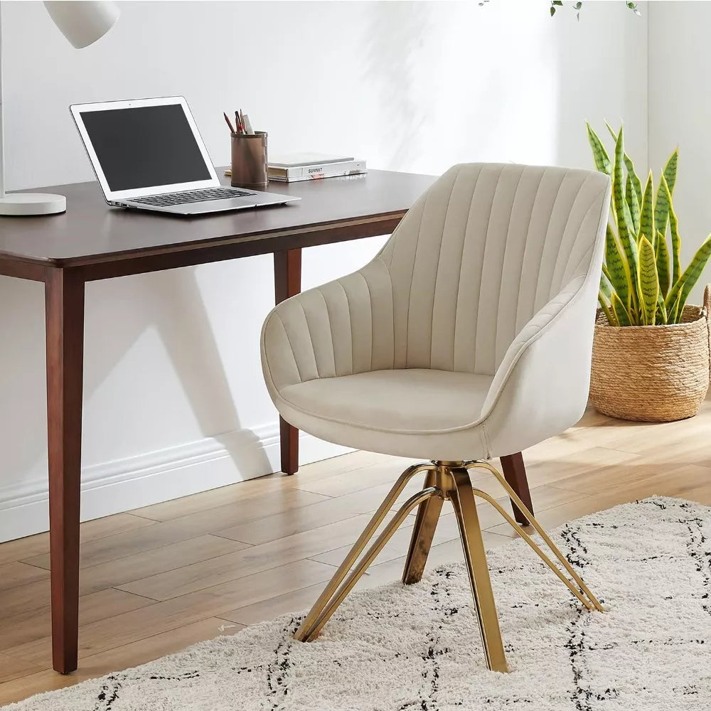 Mid-Century Modern Swivel Desk Chair with Gold Legs, No Wheels, Velvet Upholstery - DSARD