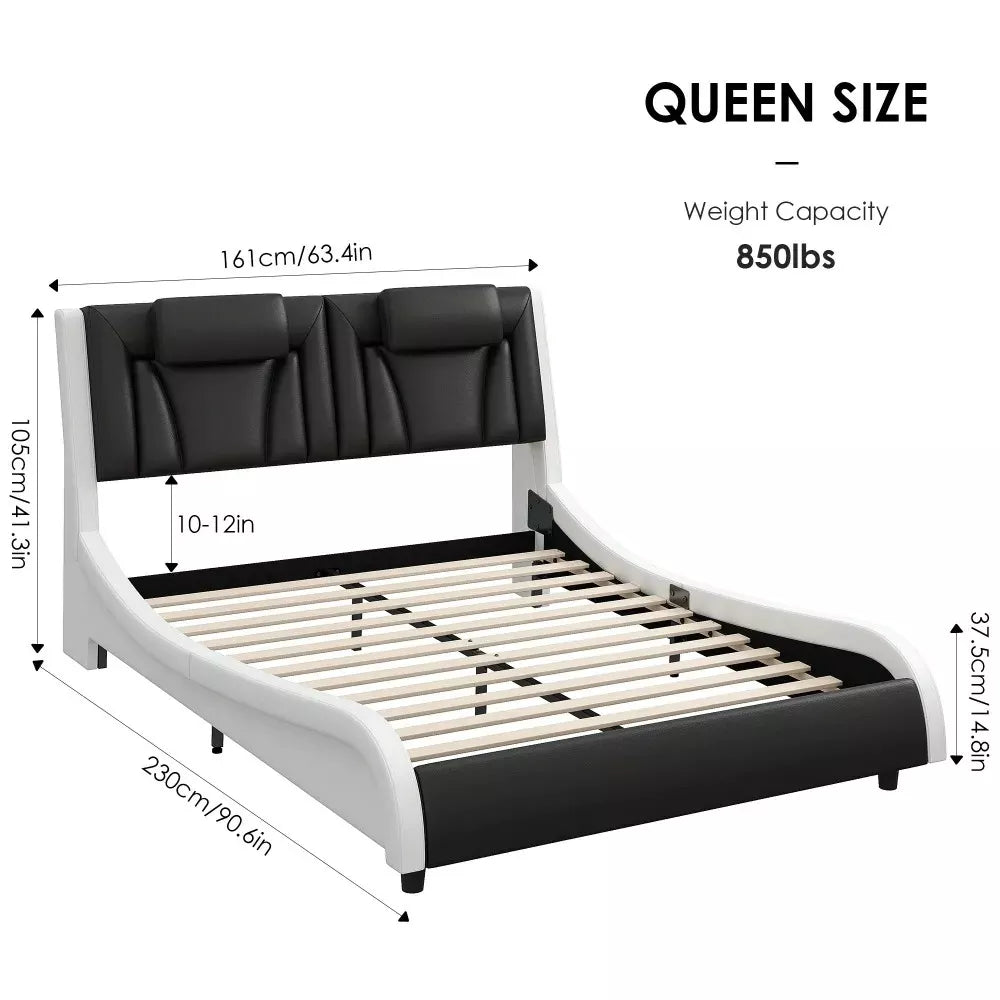 Queen Size LED Bed Frame with PU Leather Upholstered Platform and Adjustable Headboard - DSARD