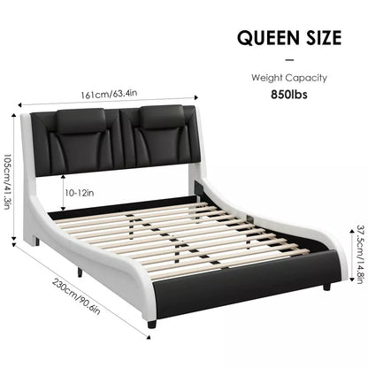 Queen Size LED Bed Frame with PU Leather Upholstered Platform and Adjustable Headboard - DSARD