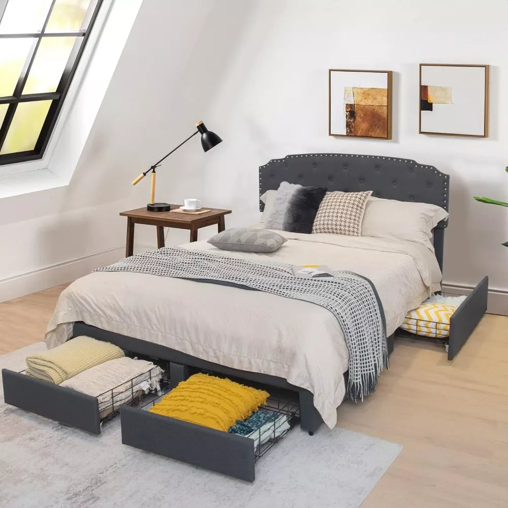 Full-Size Bed with Adjustable Headboard and Built-In Storage Drawers - DSARD