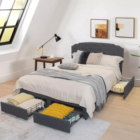 Full-Size Bed with Adjustable Headboard and Built-In Storage Drawers - DSARD