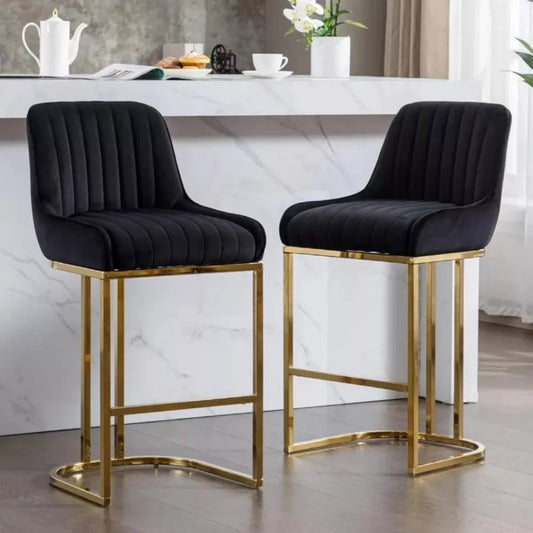 Modern Velvet Bar Stools Set of 4 with Gold Base – Comfortable Counter Height Breakfast Stools - DSARD
