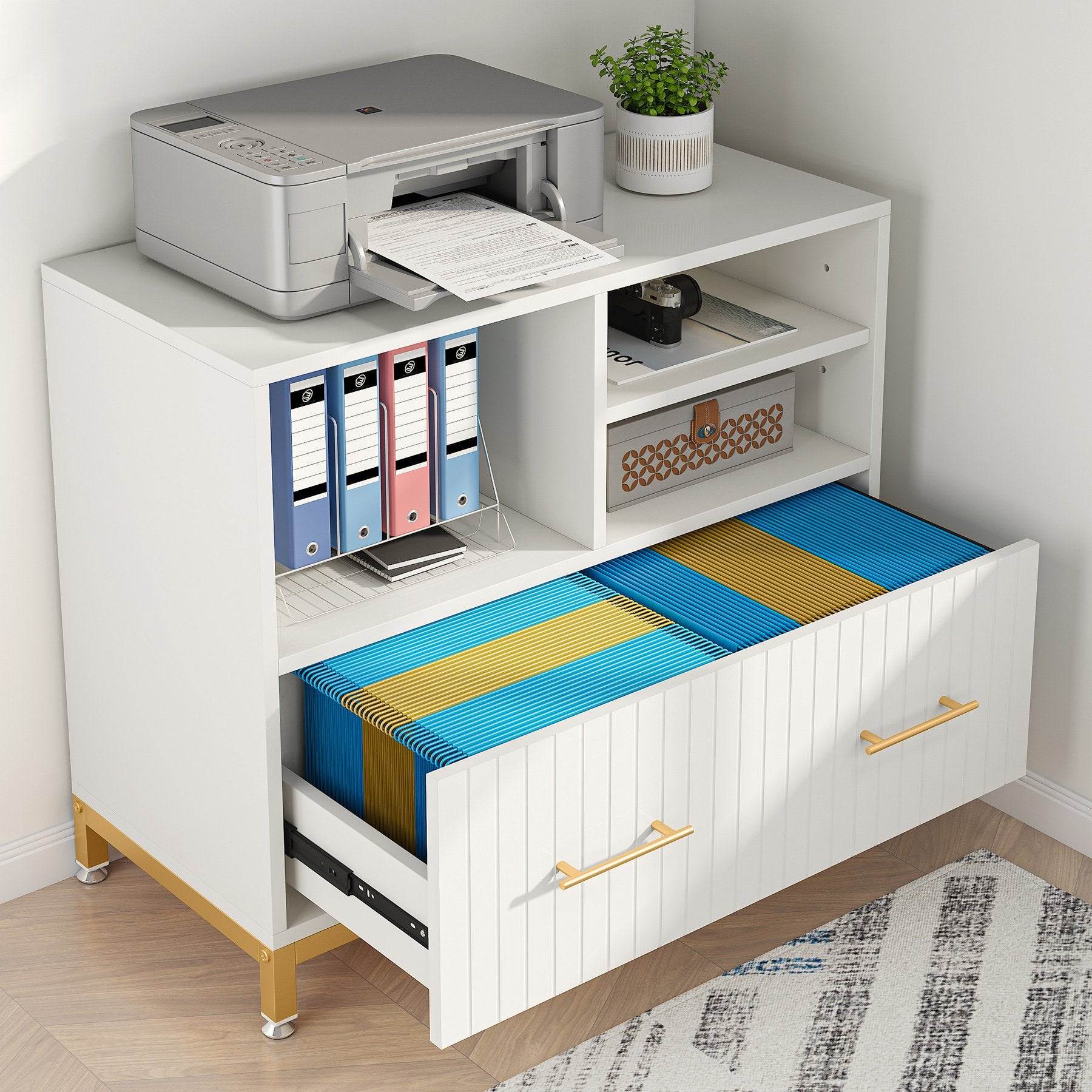 Modern White Lateral File Cabinet with Drawer and Adjustable Storage