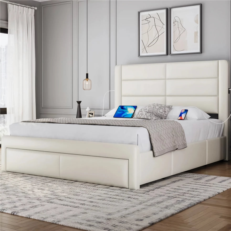 Modern Upholstered Platform Bed with Storage Drawers and USB Ports - DSARD