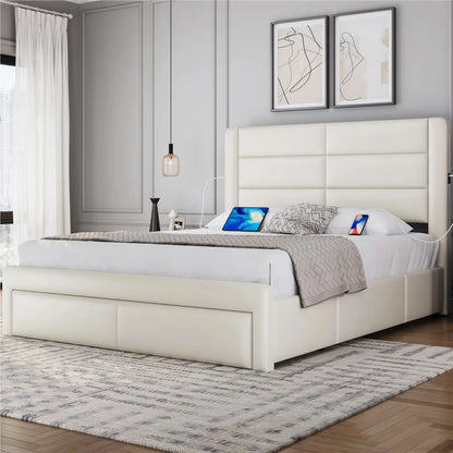Modern Upholstered Platform Bed with Storage Drawers and USB Ports - DSARD