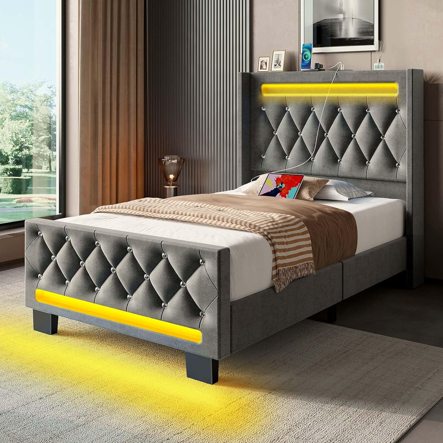 Grey LED Full Bed Frame – Luxury Upholstered Platform Bed