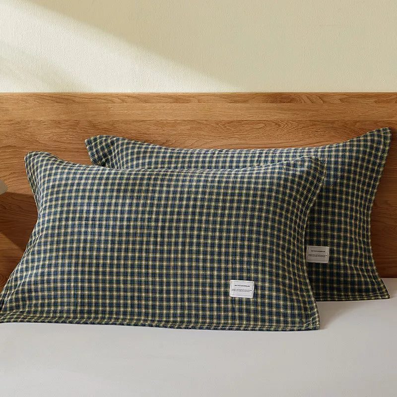 Soft Gauze Cotton Plaid Pillow Towels with Elastic Band, 2-Pack