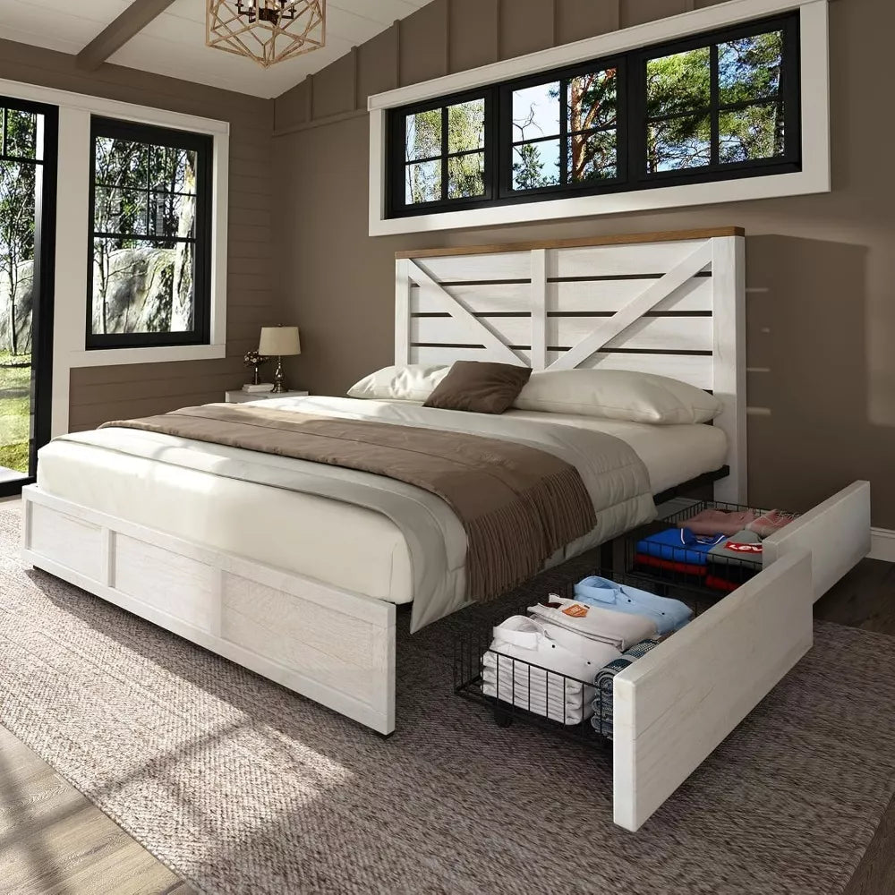 Queen Size Farmhouse Storage Bed Frame with Headboard & 4 Drawers - DSARD