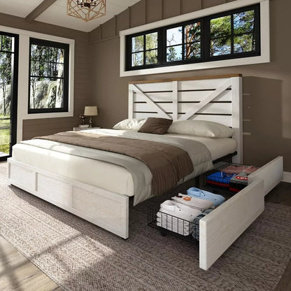 Queen Size Farmhouse Storage Bed Frame with Headboard & 4 Drawers - DSARD