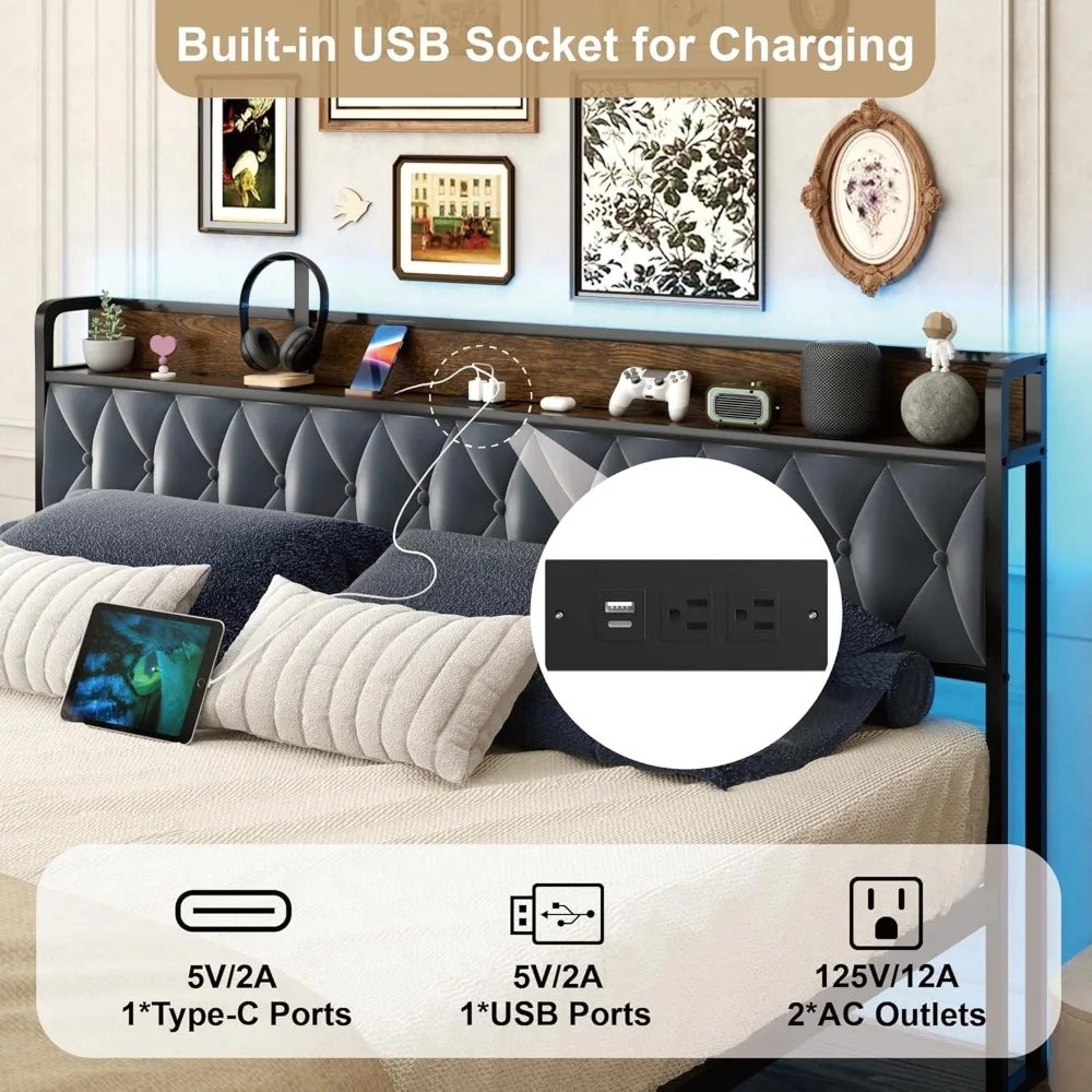 King Size Platform Bed Frame with Drawers, LED Lights & Charging Station - DSARD