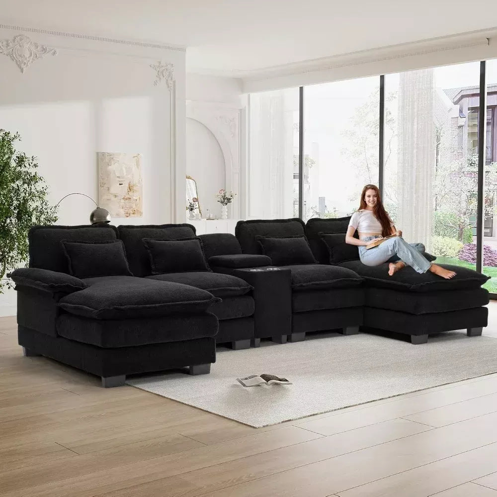 U-Shaped Cloud Sectional Sofa, 124″ Chenille Modular Couch with Storage & USB - DSARD