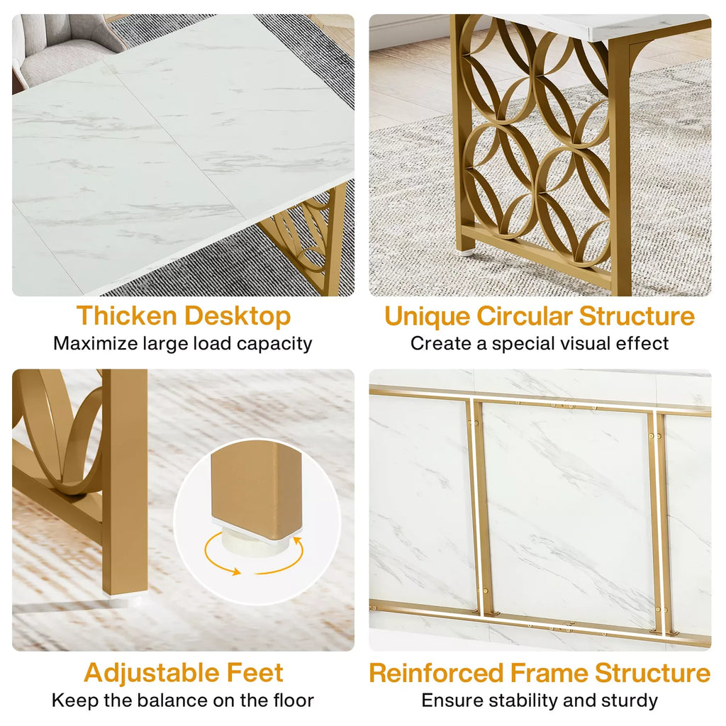 63-Inch Modern Marble Dining Table for 6, Rectangular Kitchen Table with Gold Frame - DSARD - DSARD