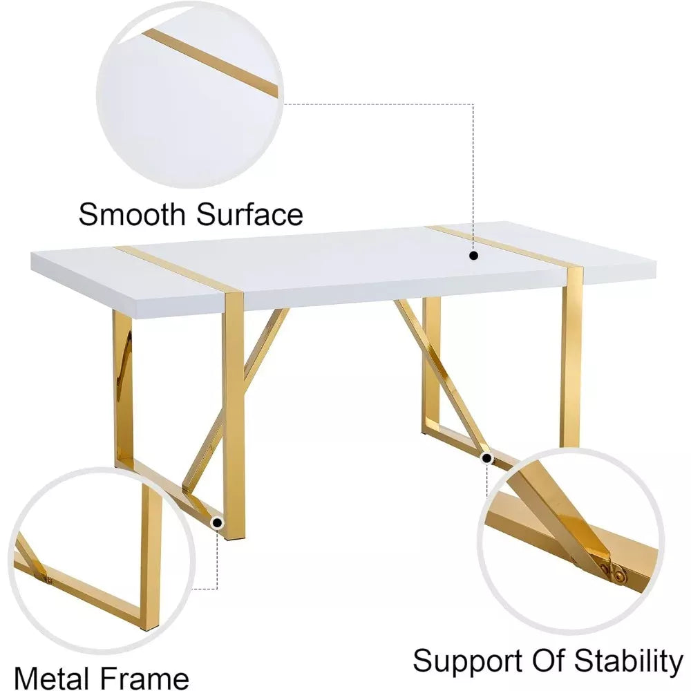 White Modern Dining Table 71″ for 6-8, MDF Top with Gold Stainless Steel Legs - DSARD