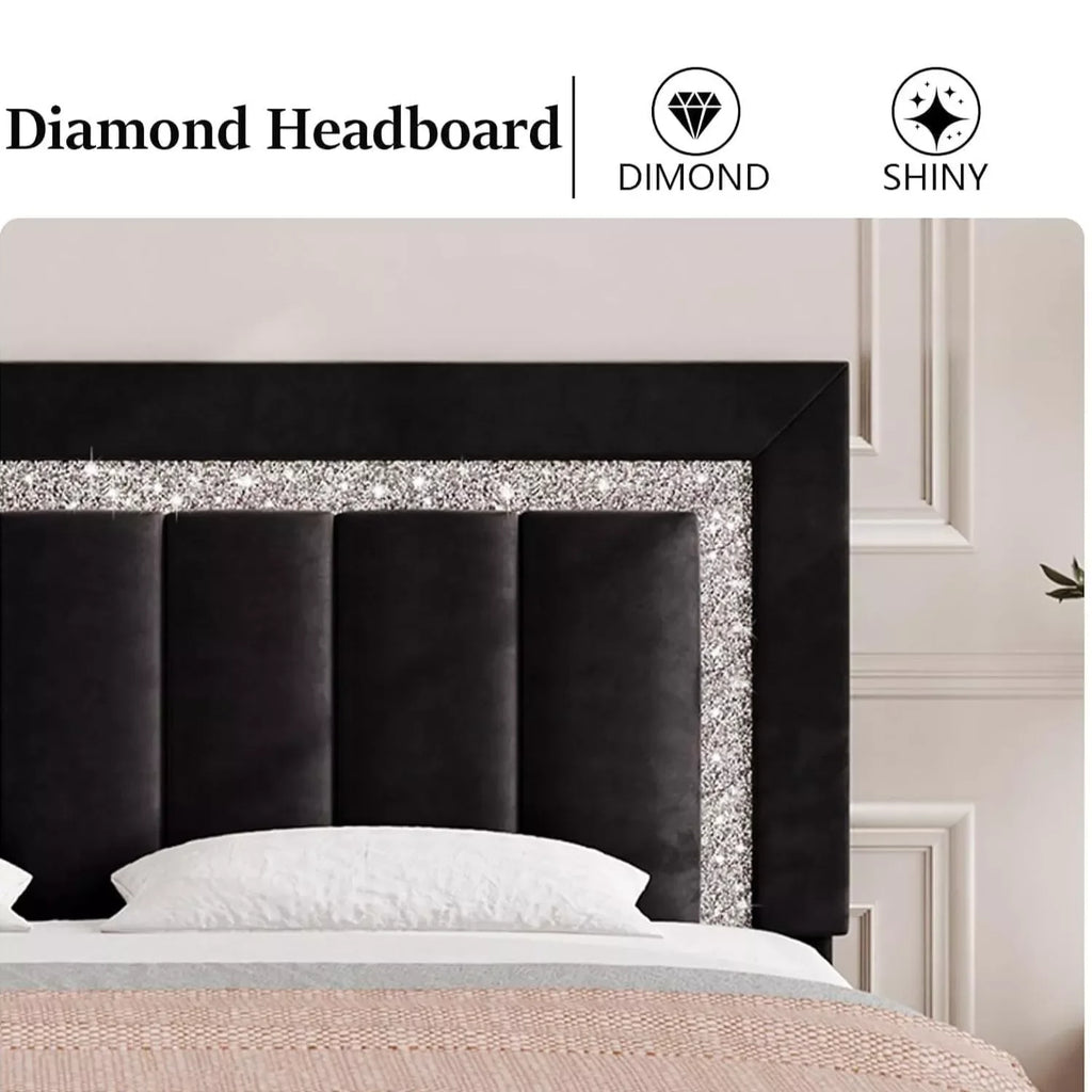 Black Velvet Full Size Bed Frame with Diamond Tufted Headboard & Footboard - DSARD - DSARD