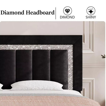 Black Velvet Full Size Bed Frame with Diamond Tufted Headboard & Footboard - DSARD