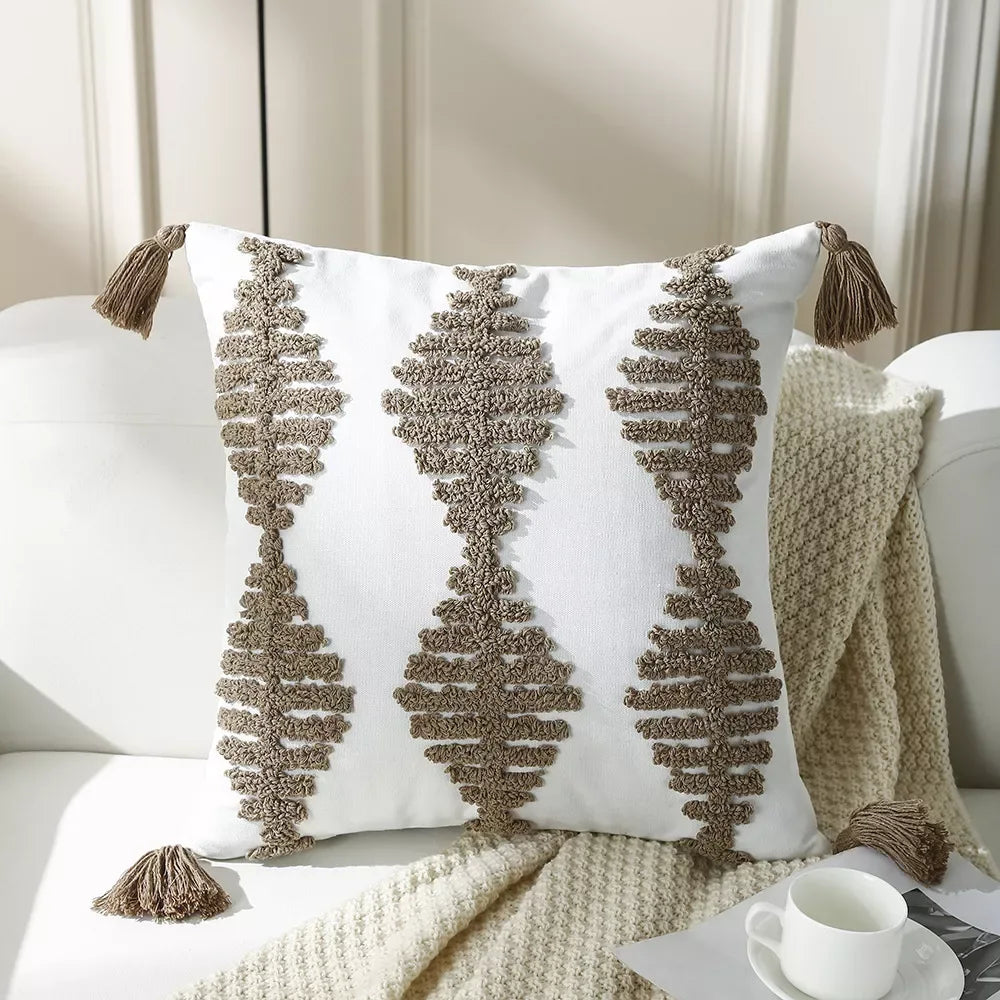 Bohemian Geometric Embroidered Tassel Pillow Cover 18×18 Inch - DSARD