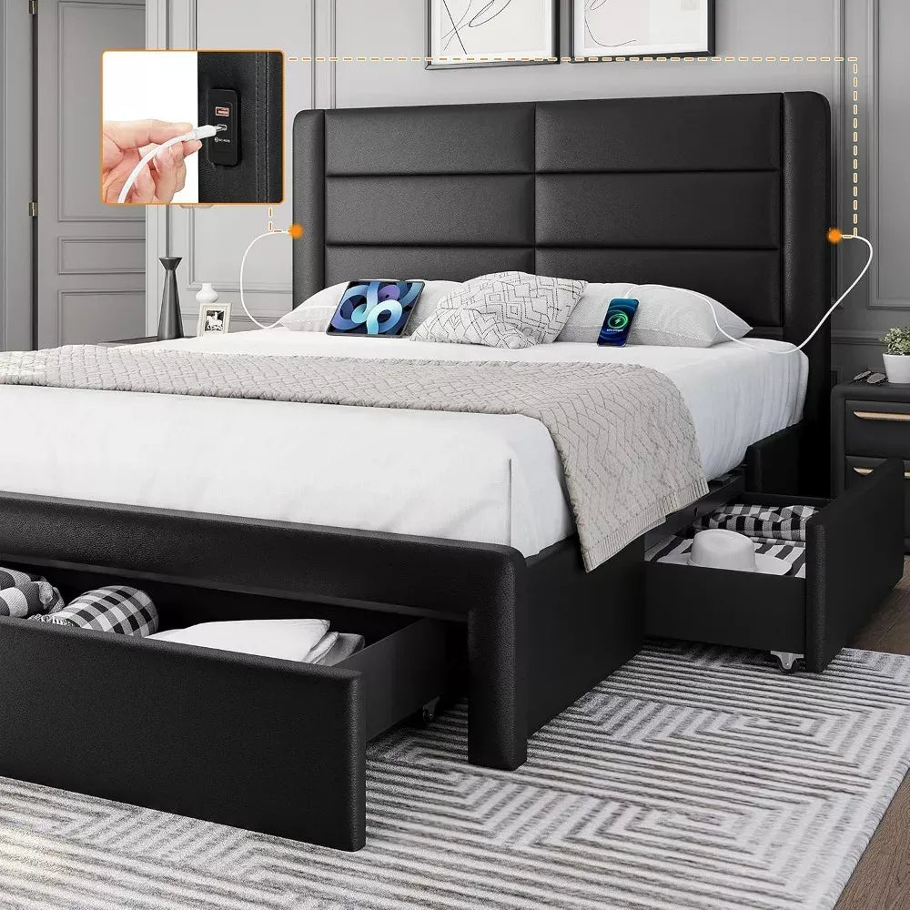 Full Size Upholstered Bed Frame with USB Ports and 3 Storage Drawers - DSARD