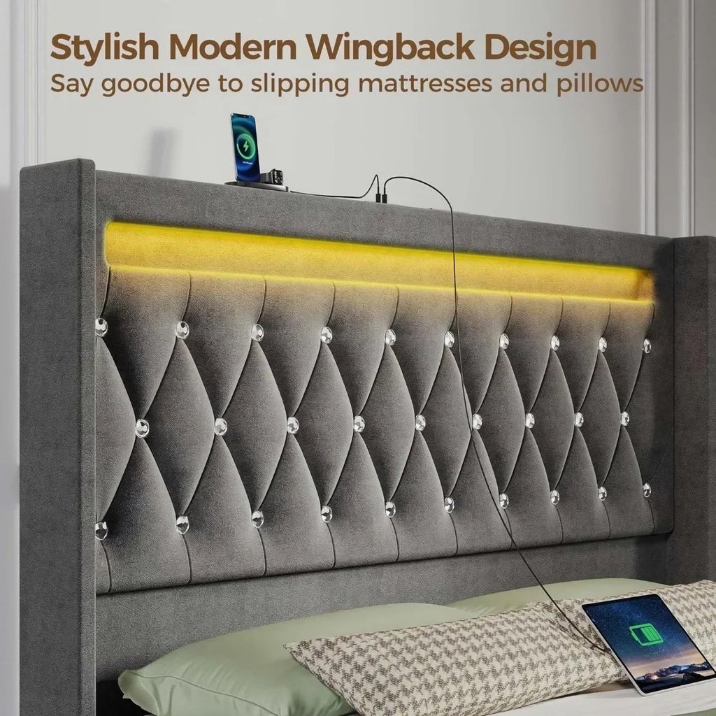 Grey LED Full Bed Frame – Luxury Upholstered Platform Bed