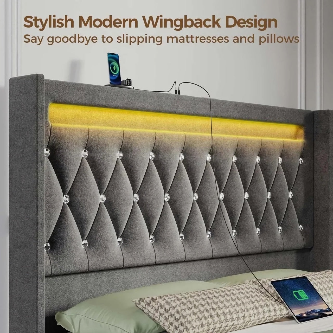 Grey LED Full Bed Frame – Luxury Upholstered Platform Bed