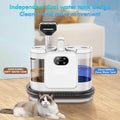 Pet cleaning device with dual water tanks on a wooden floor, featuring a cat.