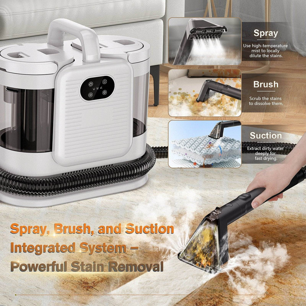 Stain removal device with spray, brush, and suction functions on a wooden floor.