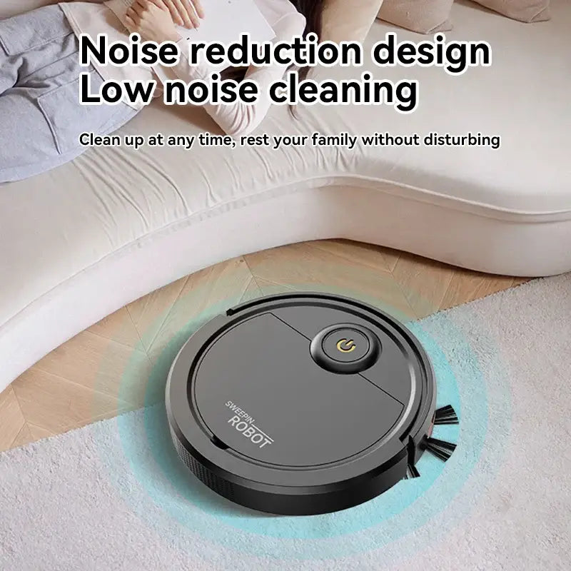 Robot vacuum cleaner on a carpet with text about noise reduction design.