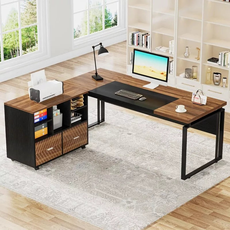Modern L-Shaped Executive Desk with Reversible File Cabinet and Storage - DSARD