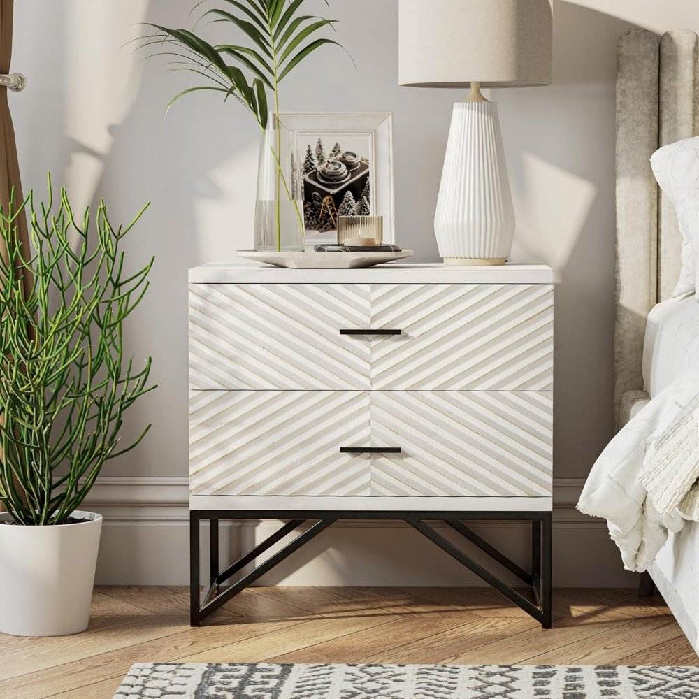 Set of 2 Modern 2-Drawer Premium Nightstands with Black Metal Base