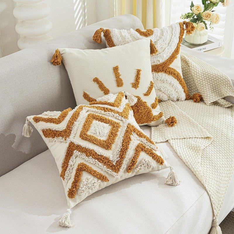 Bohemian Geometric Embroidered Tassel Pillow Cover 18×18 Inch - DSARD