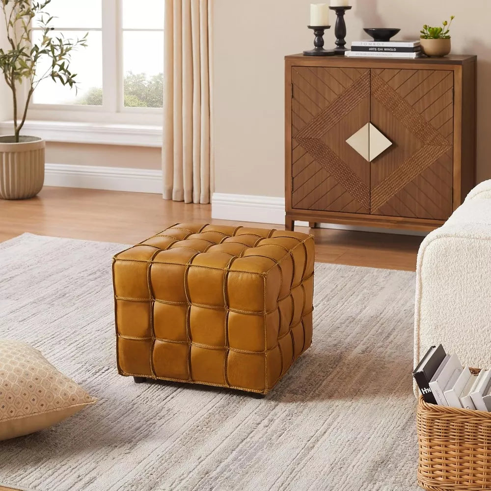 Genuine Leather Square Ottoman Footstool – Modern Tufted Yellow Brown - DSARD
