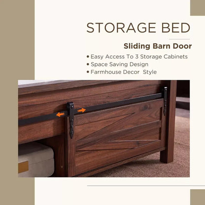King Size Farmhouse Bed Frame with Sliding Barn Door Storage - DSARD