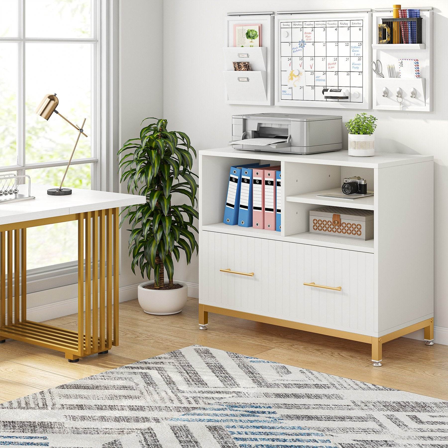 Modern White Lateral File Cabinet with Drawer and Adjustable Storage
