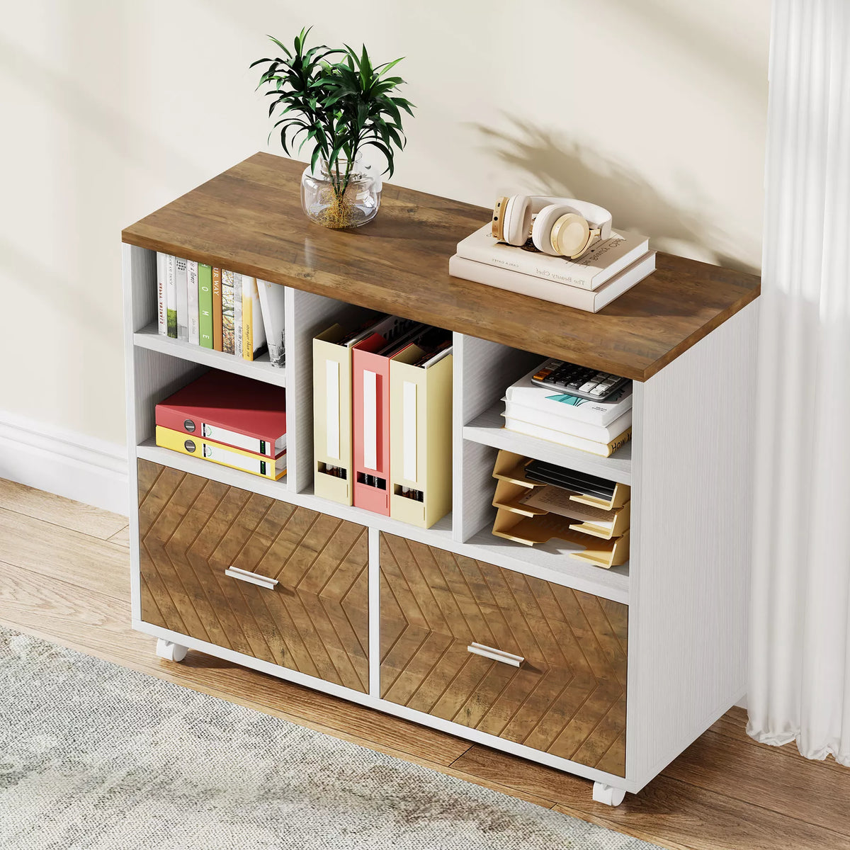 2-Drawer Wood Lateral File Cabinet with Shelves and Rolling Wheels