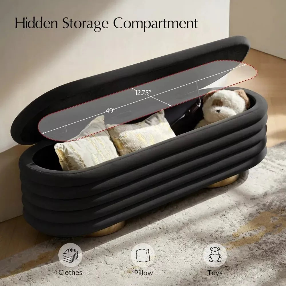 Large Velvet Storage Ottoman Bench with Tufted Design and Gold Legs - DSARD