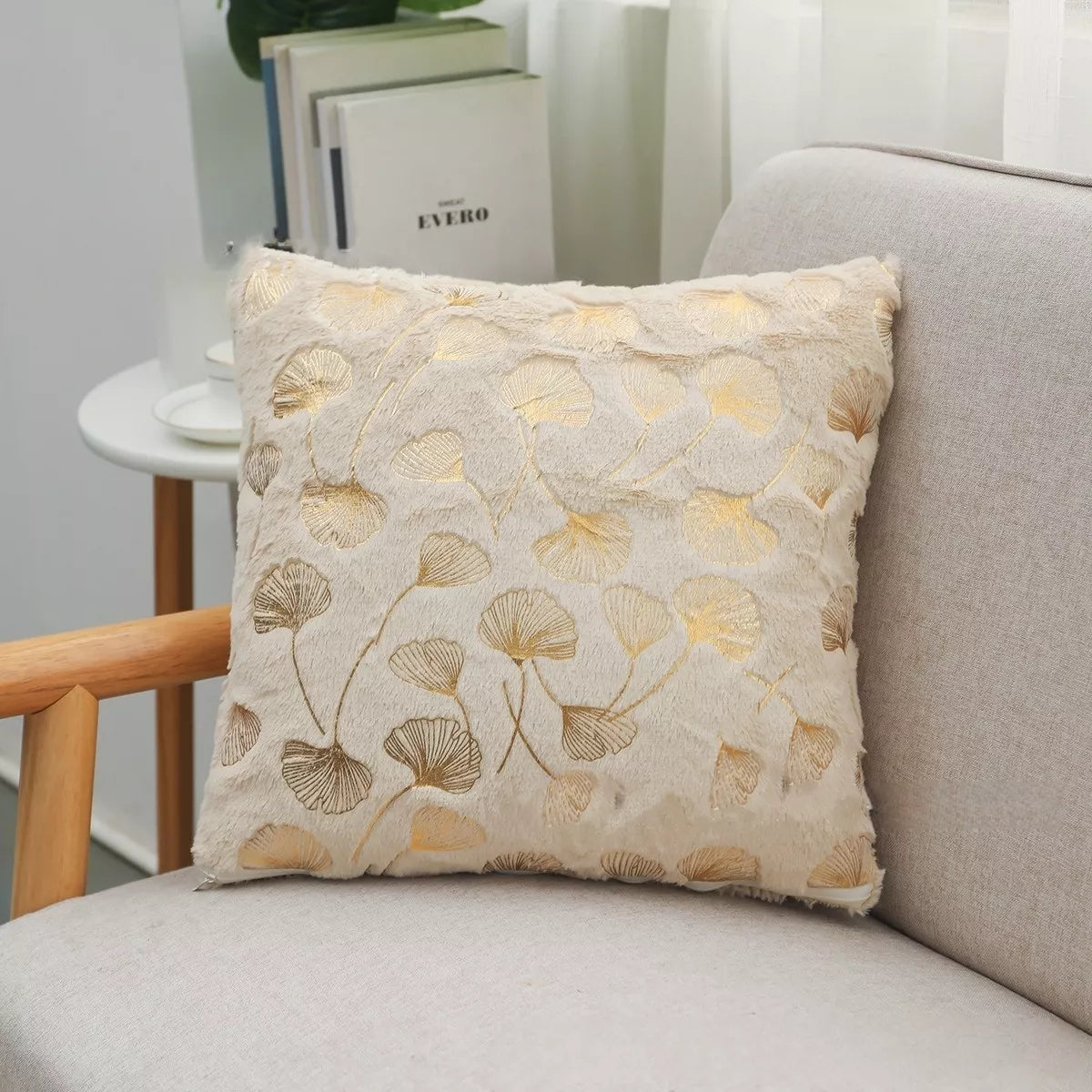 Golden Plush Ginkgo Leaf Cushion Cover 16.5×16.5in