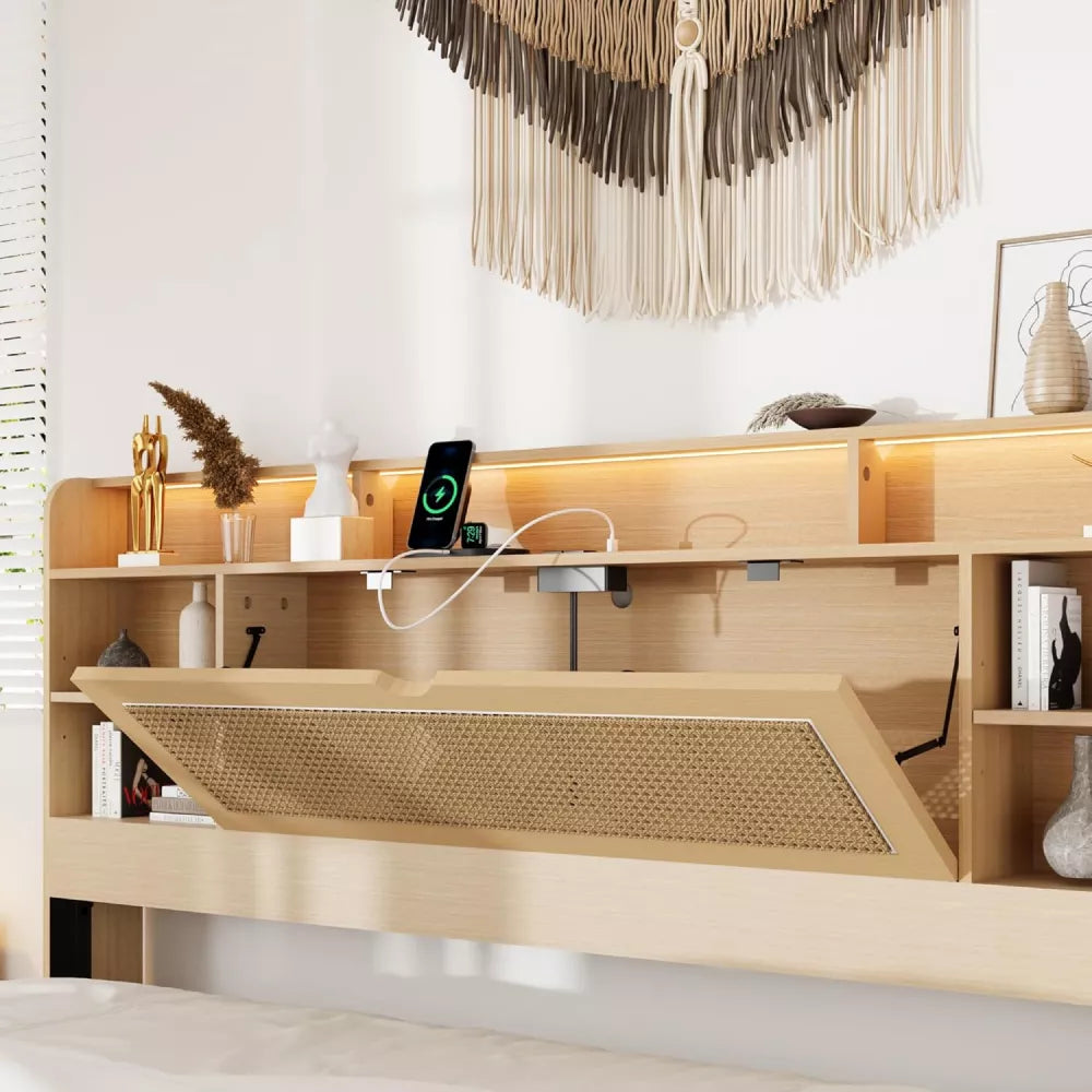 Queen Bed Frame with Storage Headboard, Faux Rattan, LED Lights & Charging Station - DSARD