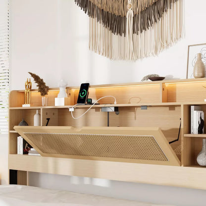 Queen Bed Frame with Storage Headboard, Faux Rattan, LED Lights & Charging Station - DSARD